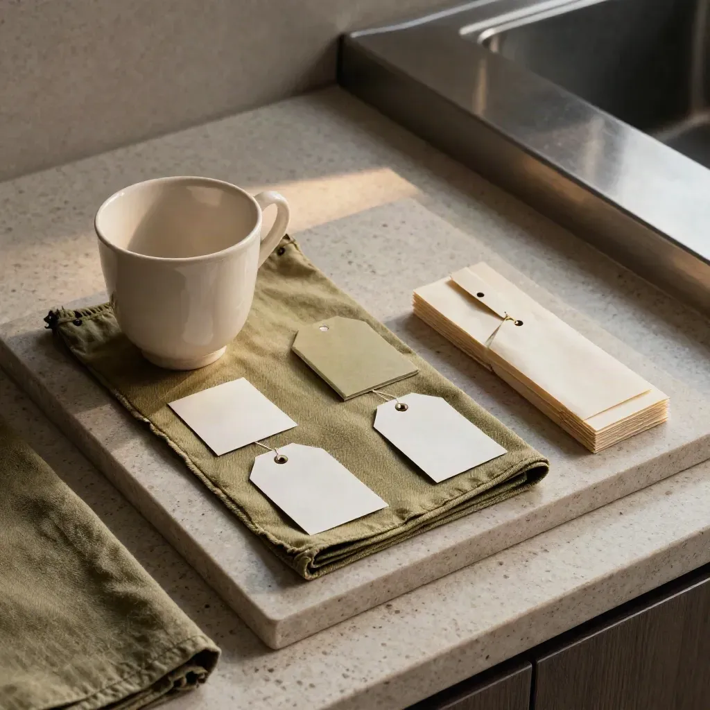 Overhead tray with ceramic cup, textile swatch and sealed tag bundle in a VAT rate-class still life.
