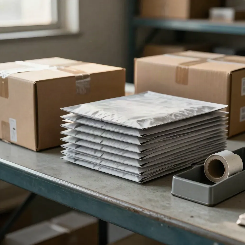 Macro of corrected e-commerce cartons, tidy mailers, and a closed label cradle on a packing bench.