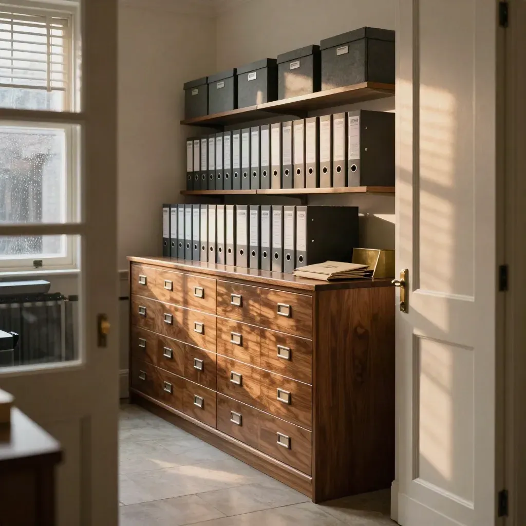 London boutique back office with binders, sealed mail pouch, cash drawer and dusk reflections