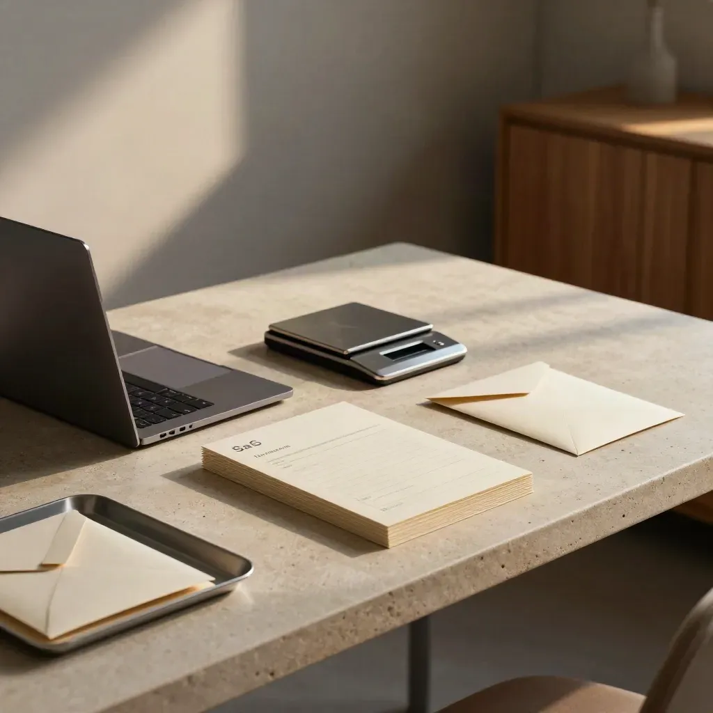 Closed laptop, postage scale, invoice sleeves and sealed envelope on a launch desk in cool morning light.