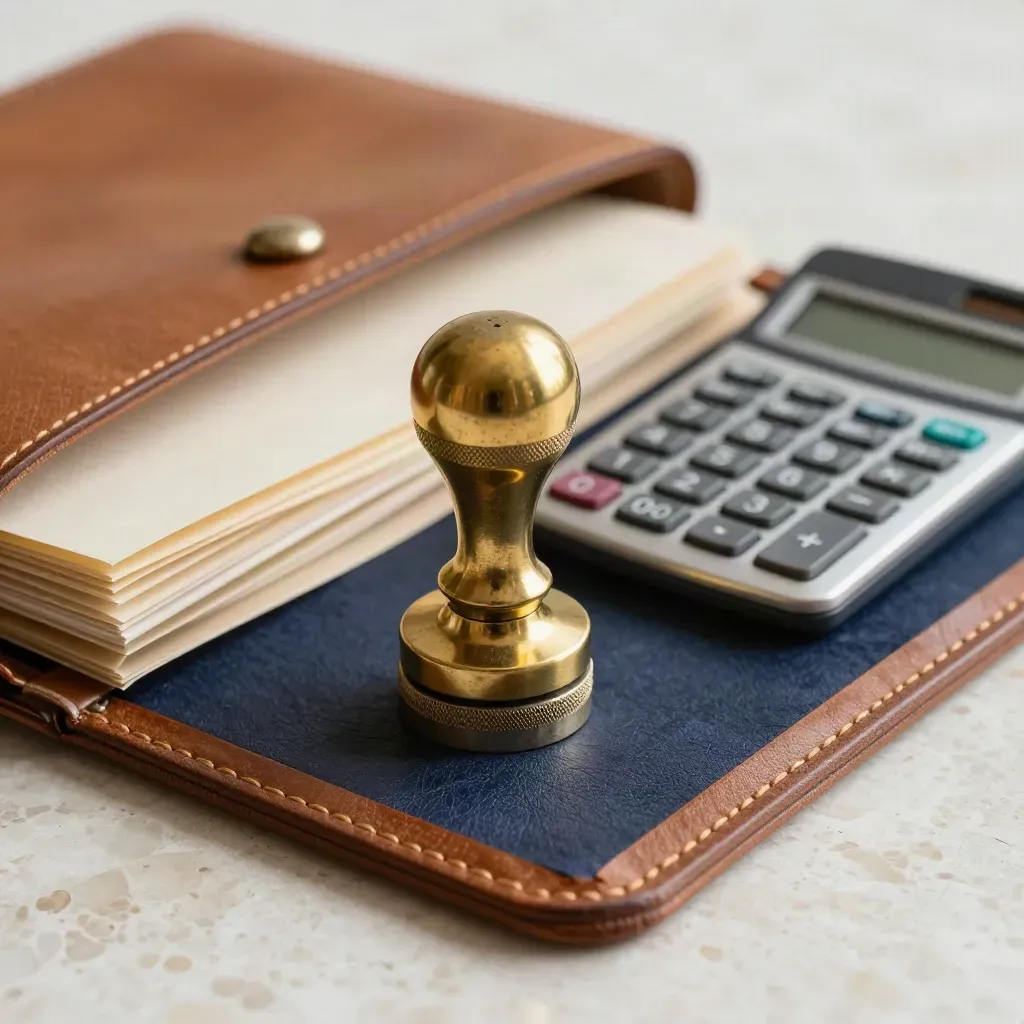 Brass filing stamp, calculator, and binders in a leather tray on travertine.