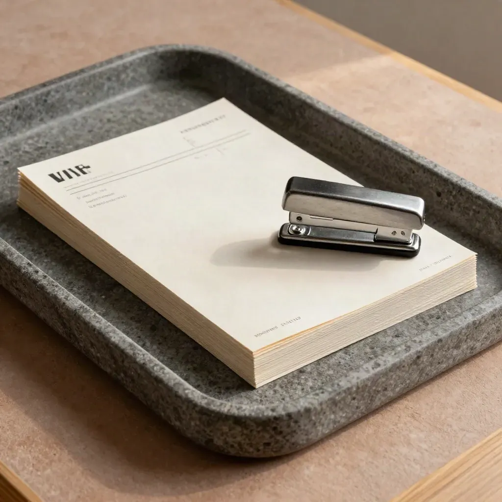 Stone tray with VAT paperwork bundle, invoice sleeves, and stapler on pale plaster surface