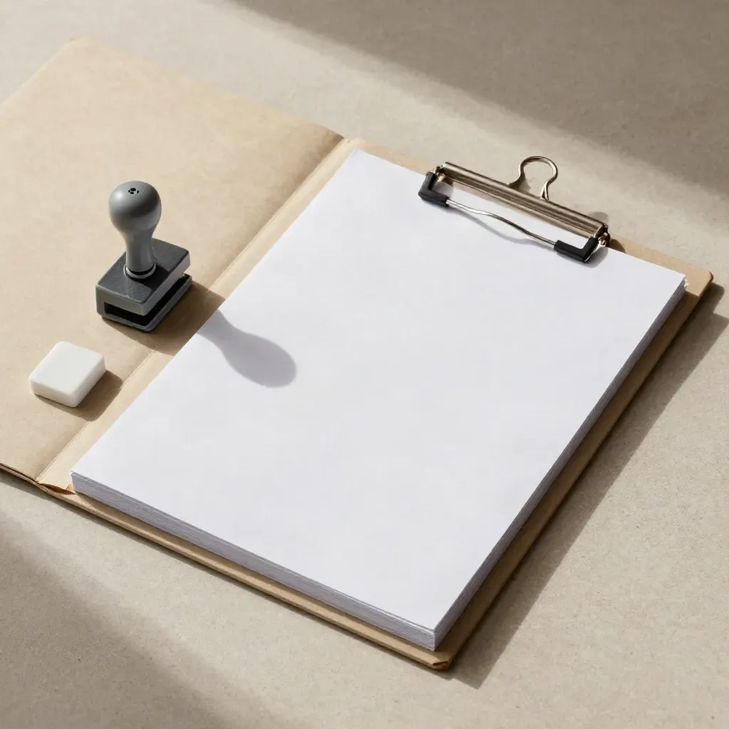 Overhead archival folder, correction stamp, and clip holding a squared filing stack on pale stone.