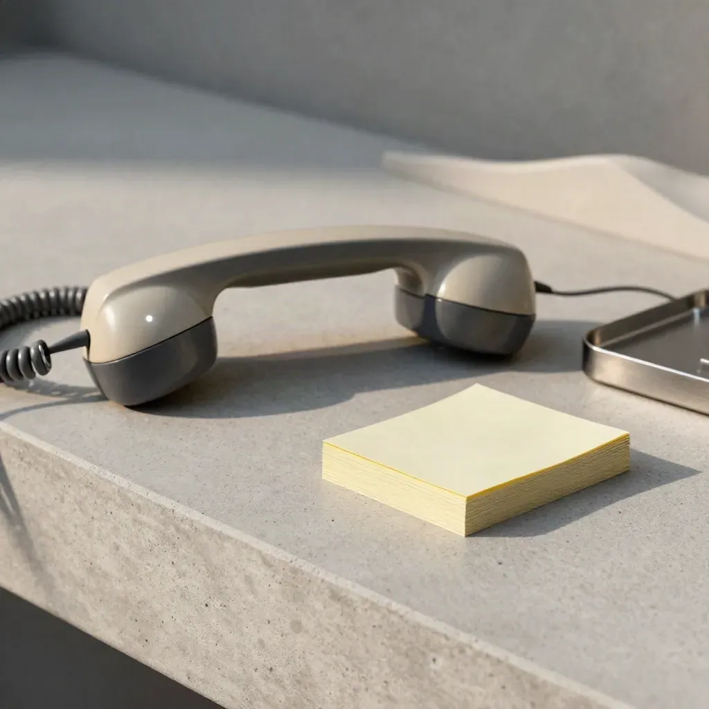 Vintage phone handset with glowing indicator beside face-down reminder cards on pale concrete.