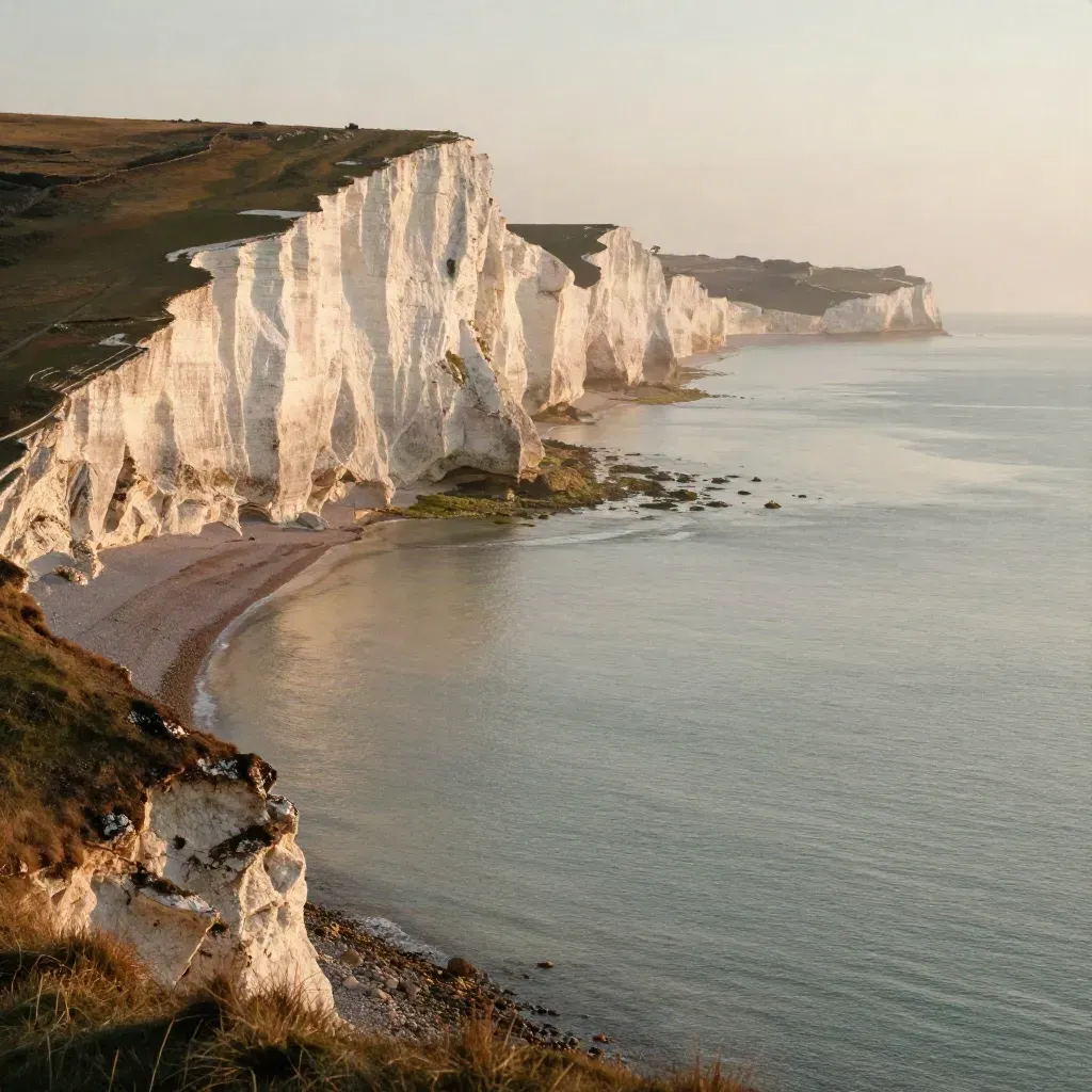 White chalk cliffs above a misty calm sea at golden hour