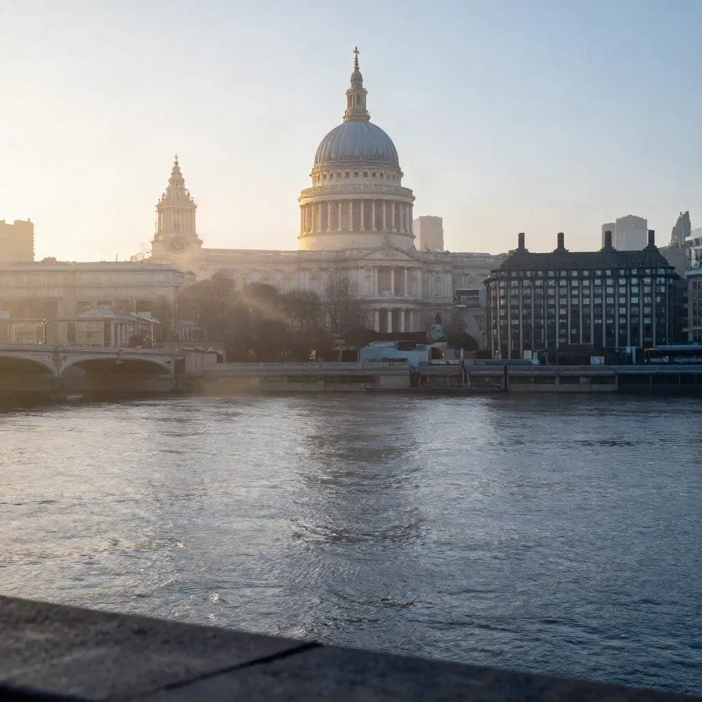 St Paul’s dome above the Thames in sunrise haze, calm water below, London