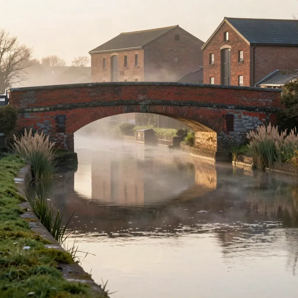Red-brick canal bridge and misty warehouses over calm Midlands water.