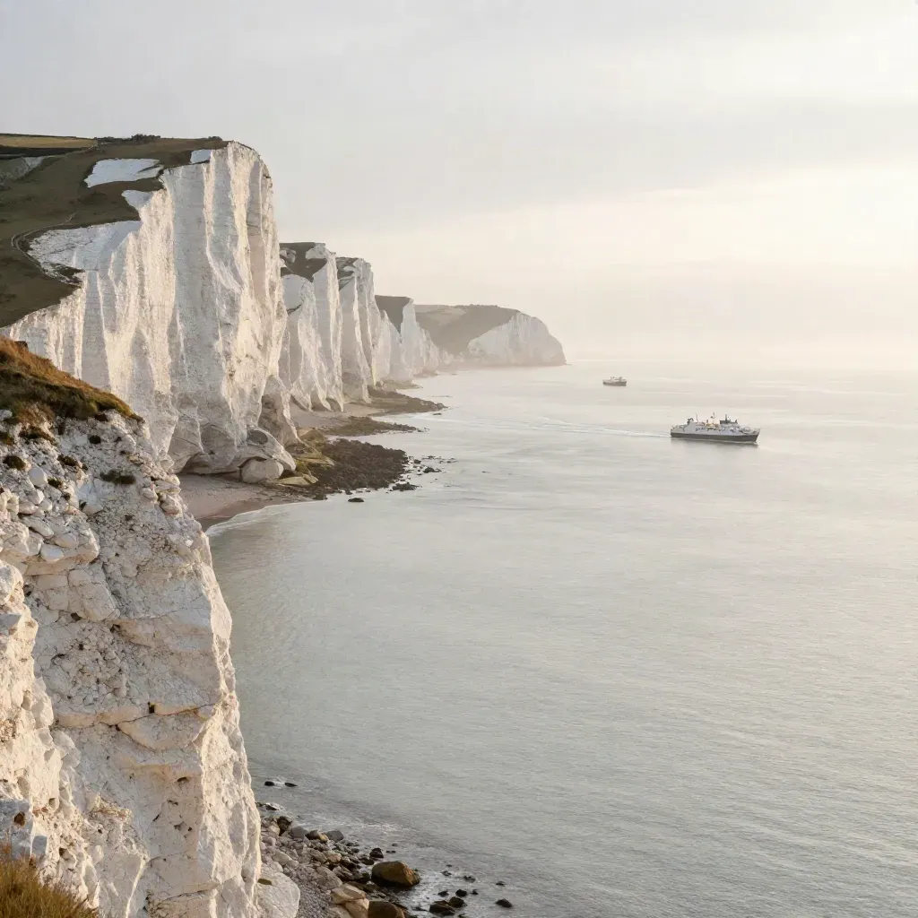 Dover cliffs above a hazy channel with tiny ferries and a calm open sea.