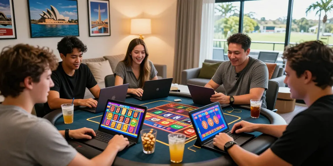 Exciting scene of friends enjoying online casinos Australia with laptops, snacks, and colorful game displays.