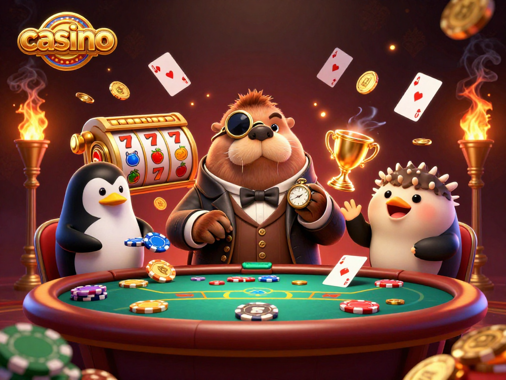 Experience poker excitement at a casino with a walrus, penguin dealer, and bluffing pufferfish.