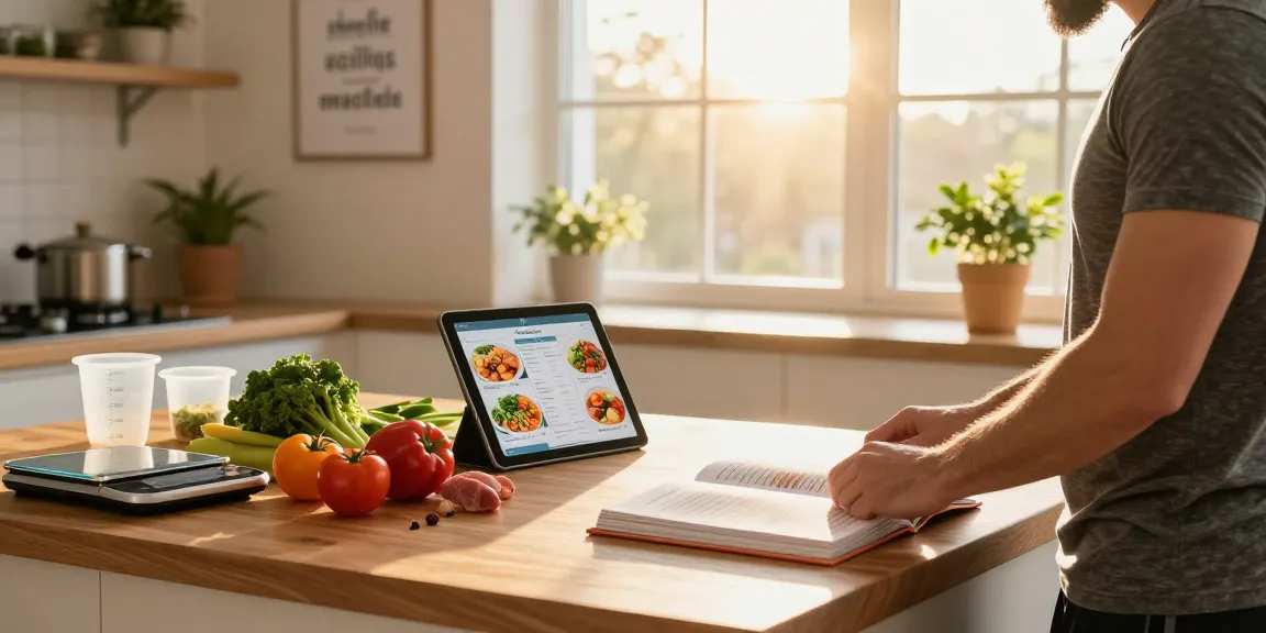 Healthy meal preparation while using the best calorie tracking app in a bright kitchen.