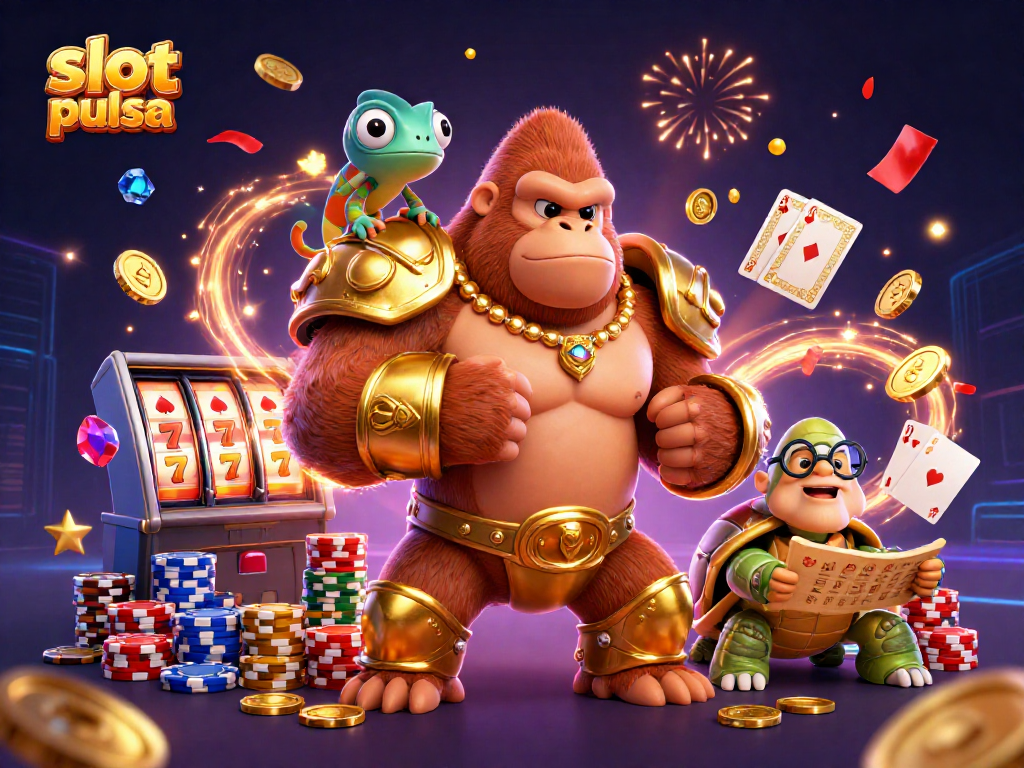 Experience excitement with slot pulsa as golden coins and vibrant chips surround a gorilla king and companions.