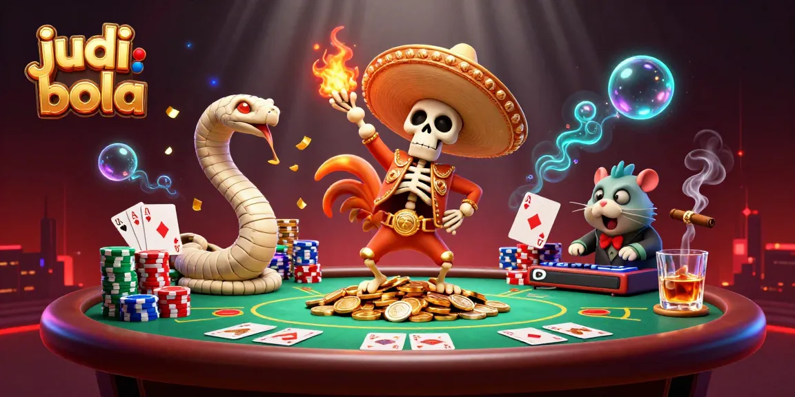 Bet on judi bola with vibrant cartoon characters celebrating victories amid poker elements and glowing ambiance.