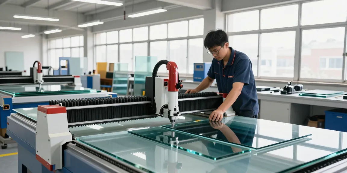Technician at a glass cutting table, showcasing precision cutting in a bright workshop.
