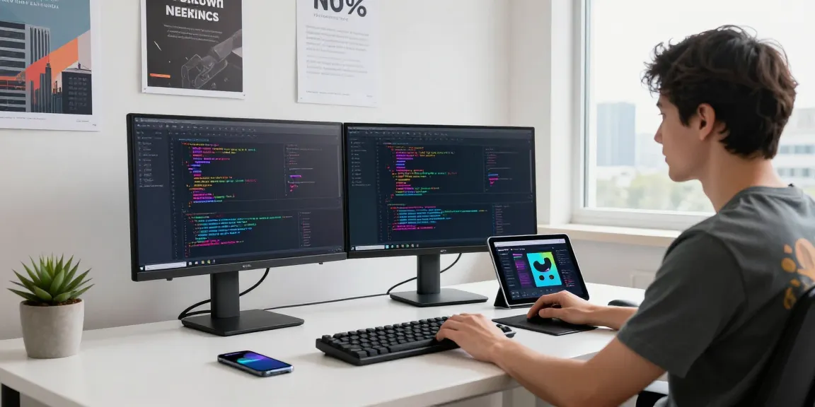 Developer coding the 纸飞机中文版 app in a modern workspace with vibrant screens.