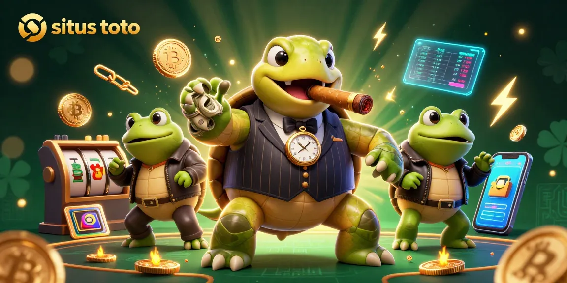 Experience the excitement of situs toto with a vibrant casino scene featuring a snapping turtle mobster and enforcer frogs.