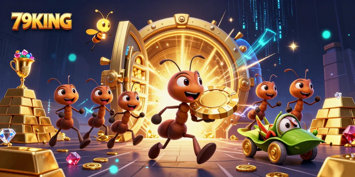 79KING casino ants heist scene with golden poker chip and vibrant treasures.