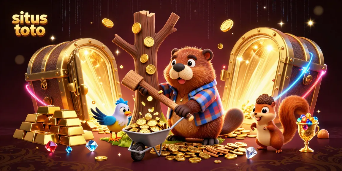 Engage with situs toto as a beaver collects gold coins in a vibrant gambling scene