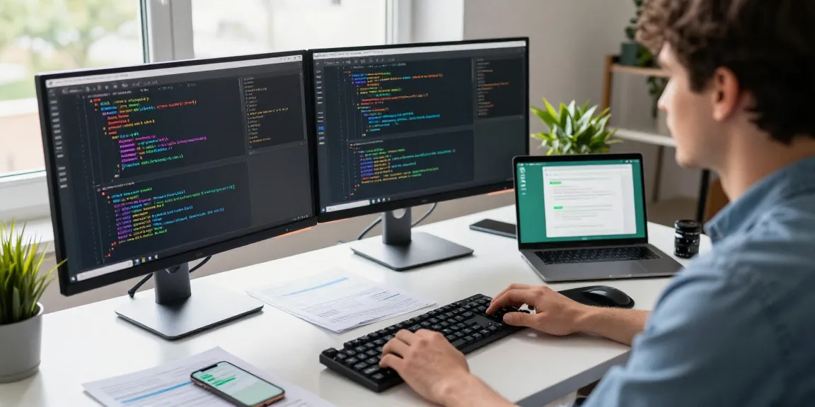 Programmer using WhatsApp網頁版 on dual monitors in a modern workspace.