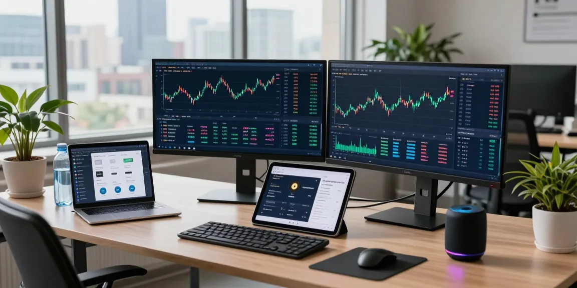 Cricbet99 trading workspace with cryptocurrency charts and DeFi analytics in a modern office setting.