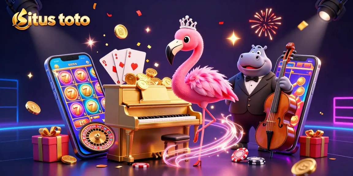 Win big with situs toto in an energetic casino scene featuring a flamingo singer and hippo bassist.