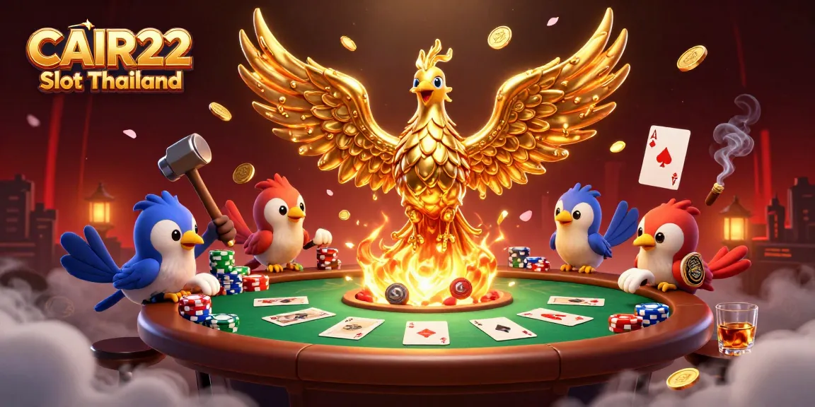 CAIR22 Slot Thailand menawarkan ilustrasi kasino yang menarik dengan phoenix emas dan elemen poker.