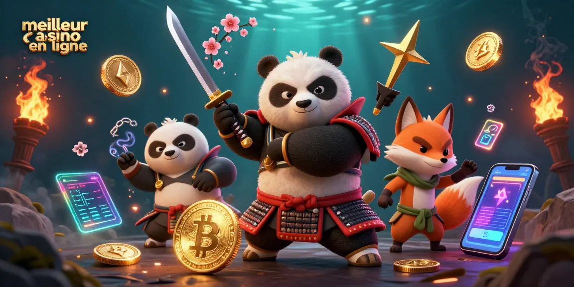 Visitez le meilleur casino en ligne avec une illustration 3D d'un panda samouraï, une renarde ninja et un tanuki.