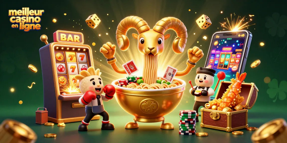 Illustration dynamique du meilleur casino en ligne avec un bol de ramen géant et des personnages colorés en action.