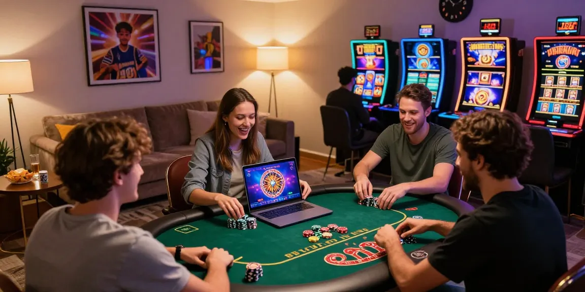 Des joueurs engagés profitant du meilleur casino en ligne chez eux, célébrant des victoires avec des amis, ambiance de jeu vibrante.