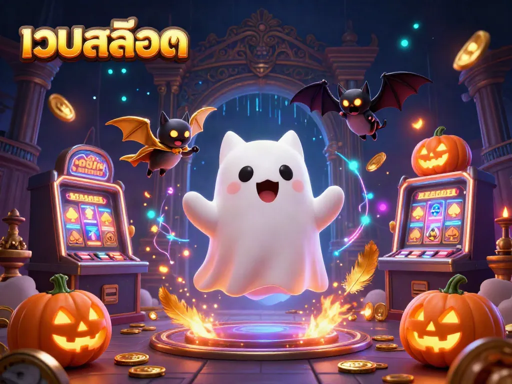 Engage with เว็บสล็อต through a vibrant, ultra-detailed casino scene featuring a ghost cat and bat companion amid glowing bets and slot symbols.