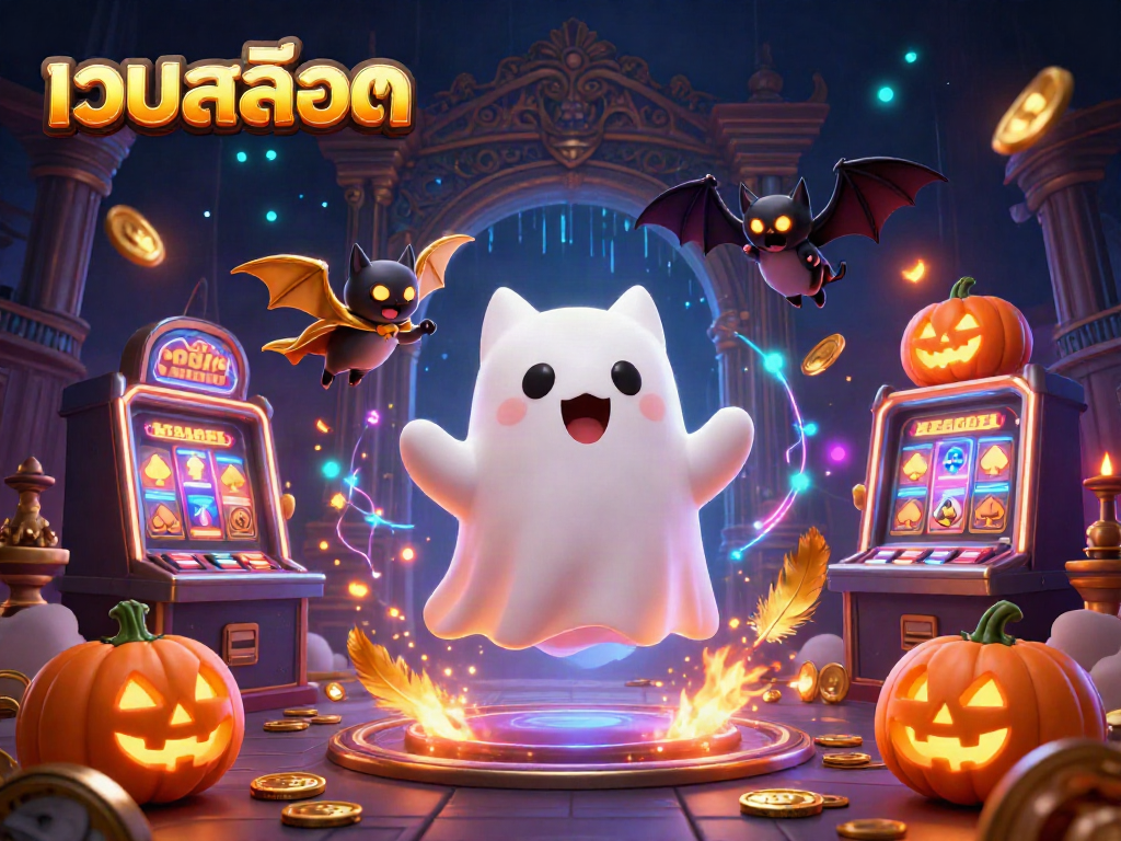 Engage with เว็บสล็อต through a vibrant, ultra-detailed casino scene featuring a ghost cat and bat companion amid glowing bets and slot symbols.