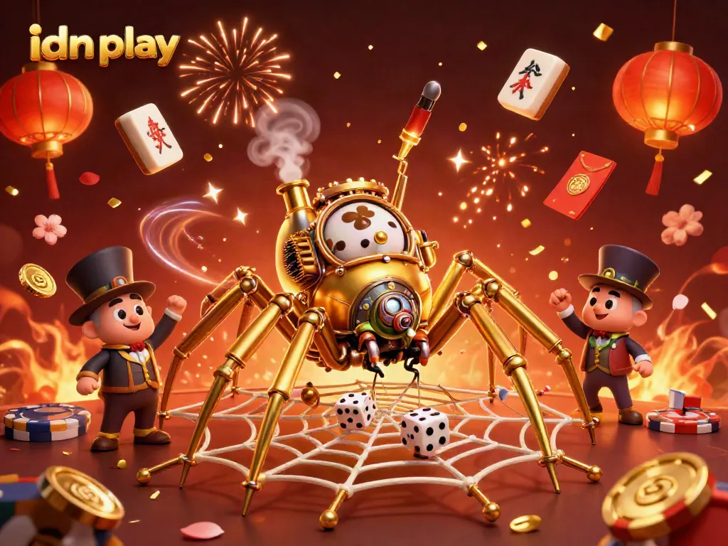 Experience excitement with idn play featuring a golden spider, poker chips, and festive elements.