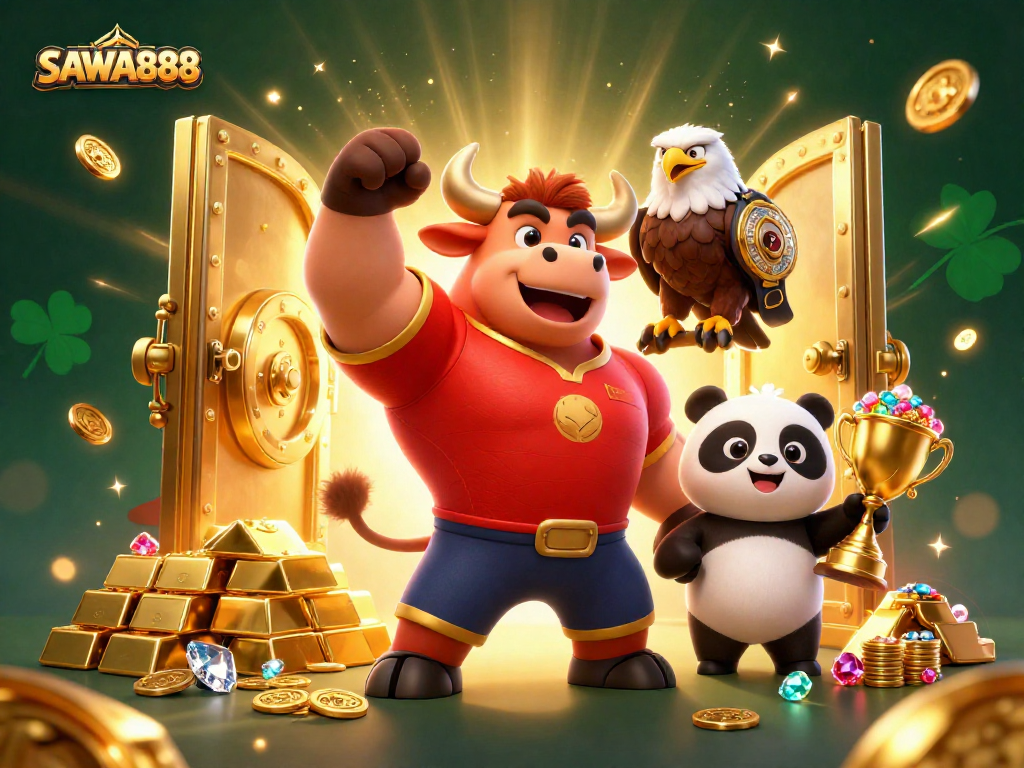 SAWA888 offers thrilling casino action with a cartoon bull and eagle in a vibrant, dynamic scene.