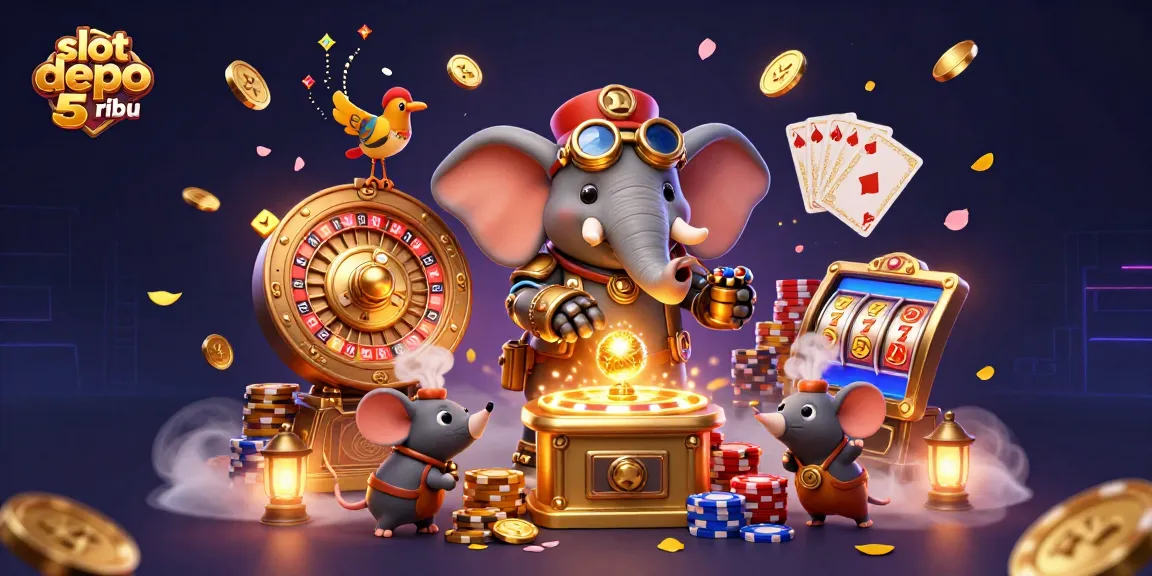 Experience the excitement of slot depo 5 ribu with a vibrant 3D illustration featuring dynamic casino elements.