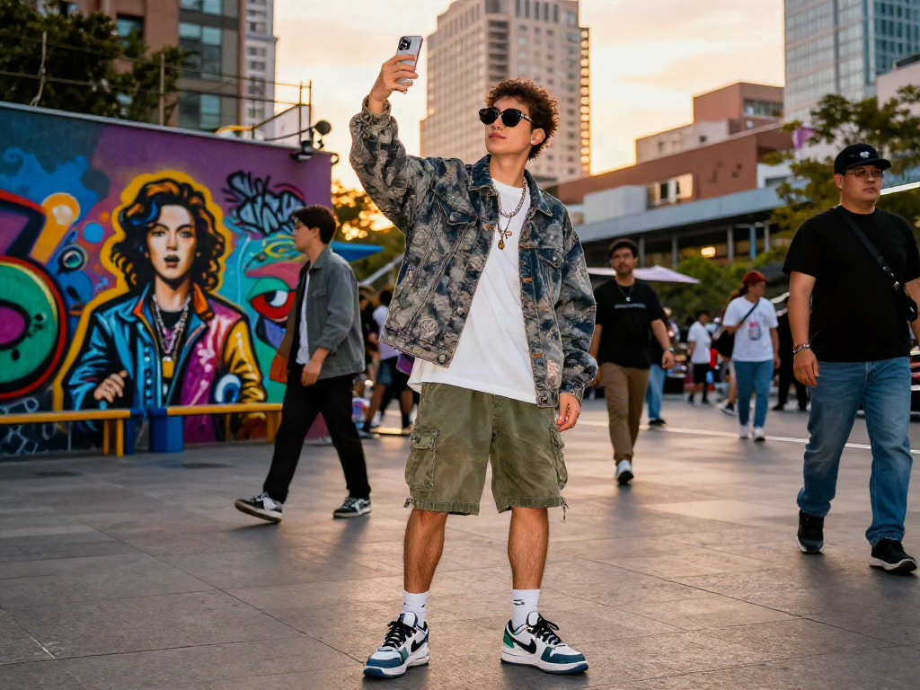 A stylish individual posing in an urban setting, looking like celebrities during sunset, vibrant city backdrop.