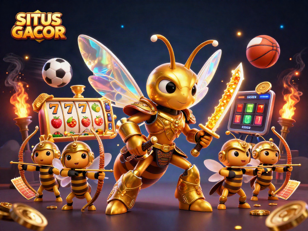 SITUS GACOR showcases a vibrant 3D illustration of a golden hornet and bee archers amidst slot reels and winning symbols.
