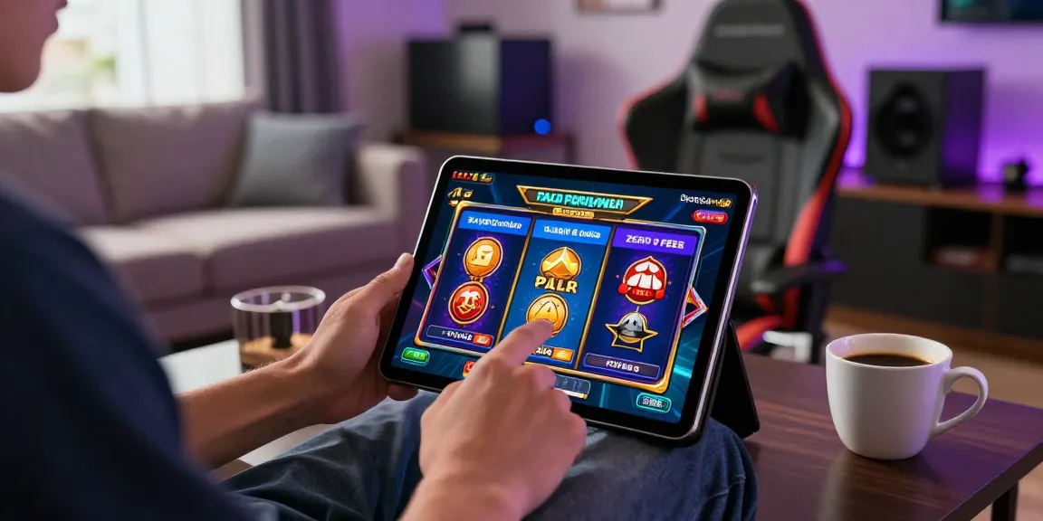 Player enjoying deposit pulsa tanpa potongan slots on tablet, cozy setting, and game graphics.