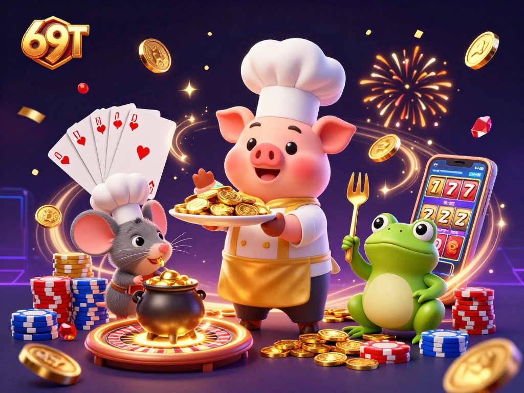 O 69T traz uma cena animada com um chef porco, um rato e um sapo criticando as delícias do cassino.