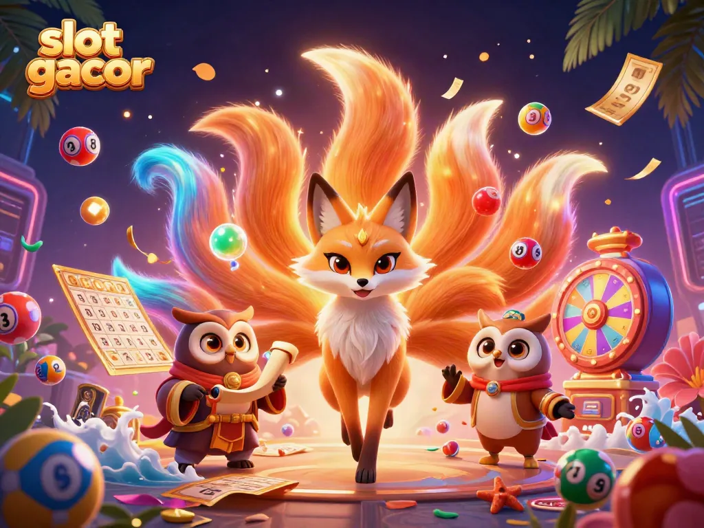 Engage in the vibrant world of slot gacor through a magical 3D illustration featuring colorful characters and dynamic game elements.