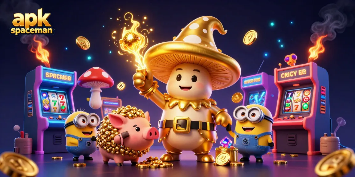 Experience the thrill of apk spaceman with golden treasures and arcade games in this captivating casino illustration.