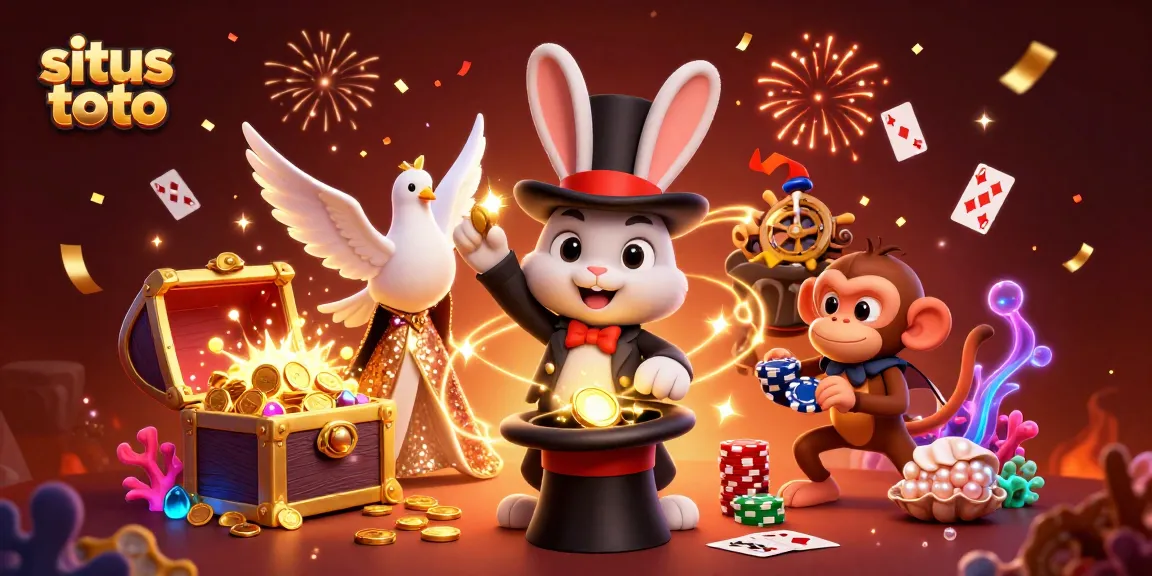 Explore situs toto with a 3D magician pulling coins, immersed in a vibrant casino scene.
