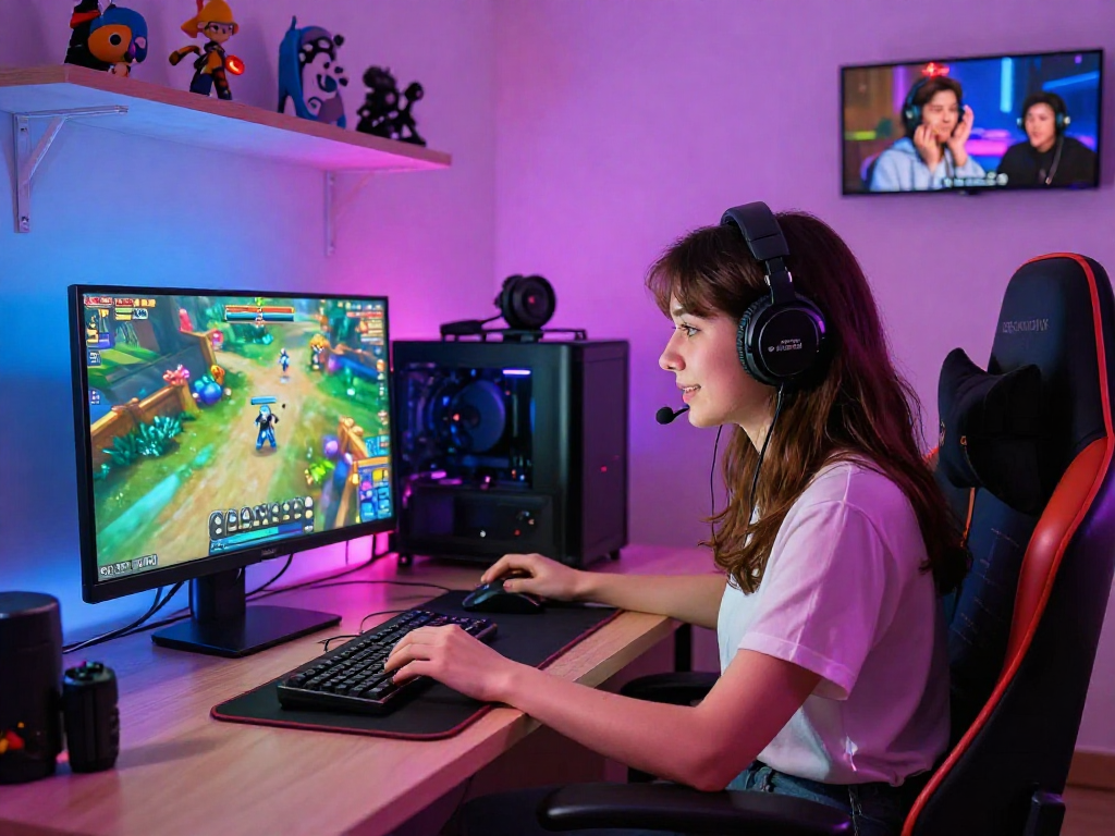 Engaged player enjoying porngames in cozy gaming setup with vibrant graphics.