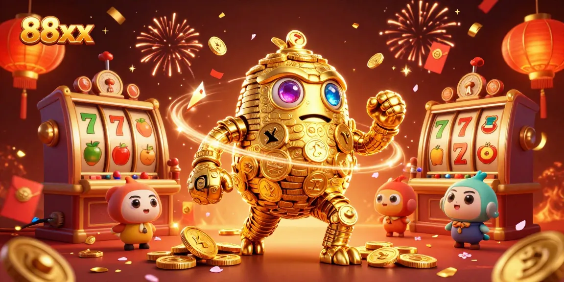 Spin lucky slots with the enchanting 88xx golden golem amidst a festive casino backdrop