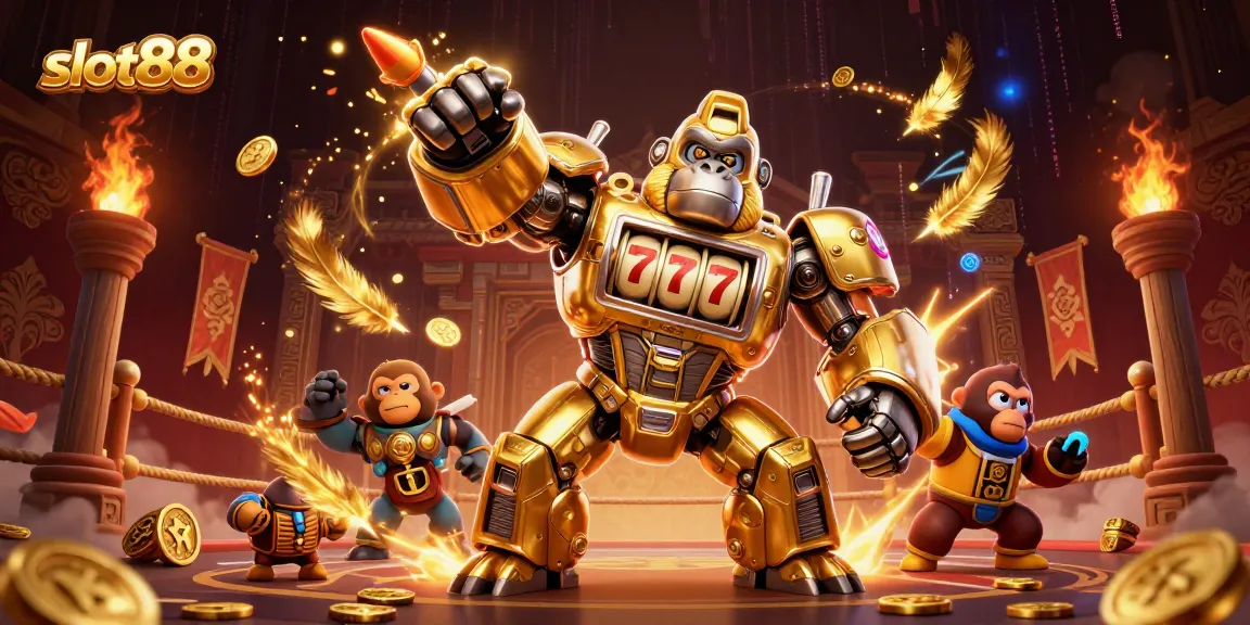Experience the excitement of slot88 with a golden gorilla mech amidst a vibrant casino scene!