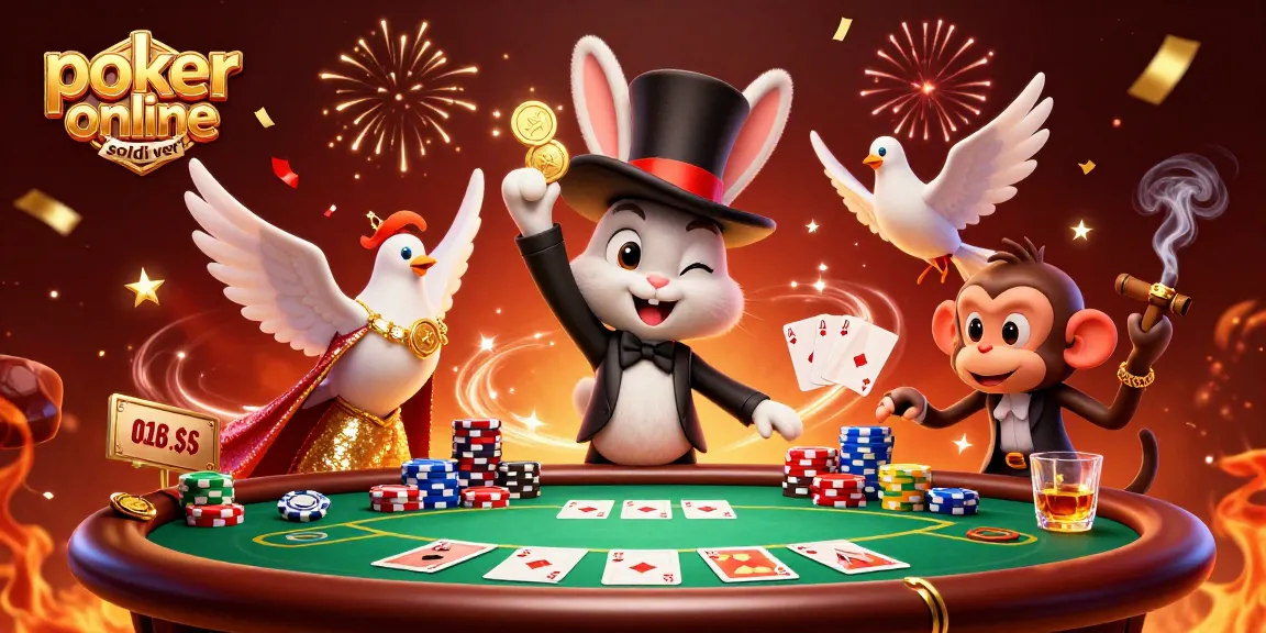 Gioca a poker online soldi veri con il coniglio magico e i suoi amici in un vivace tavolo da gioco.
