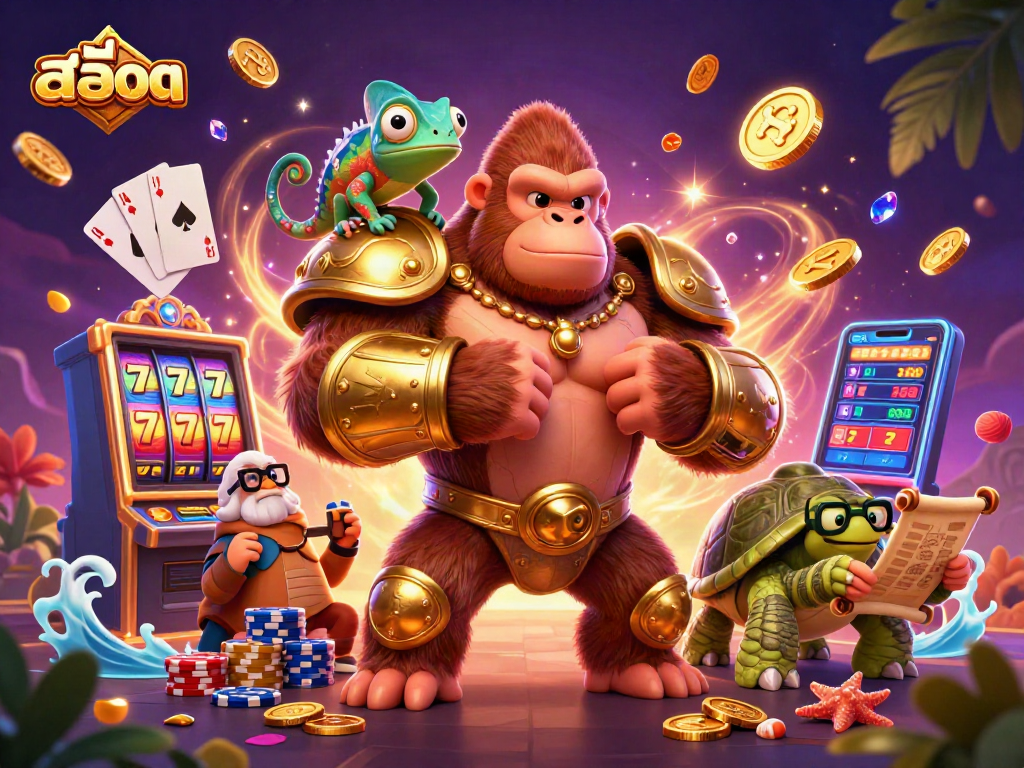Experience winning moments inสล็อต with a powerful gorilla king and colorful game elements.