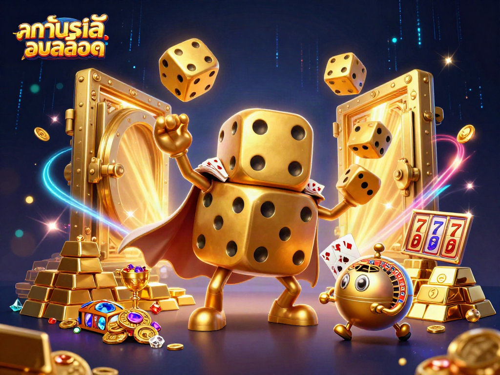 Experience ทดลองเล่นสล็อต with a dynamic scene of golden dice, slot elements, and sparkling treasures.