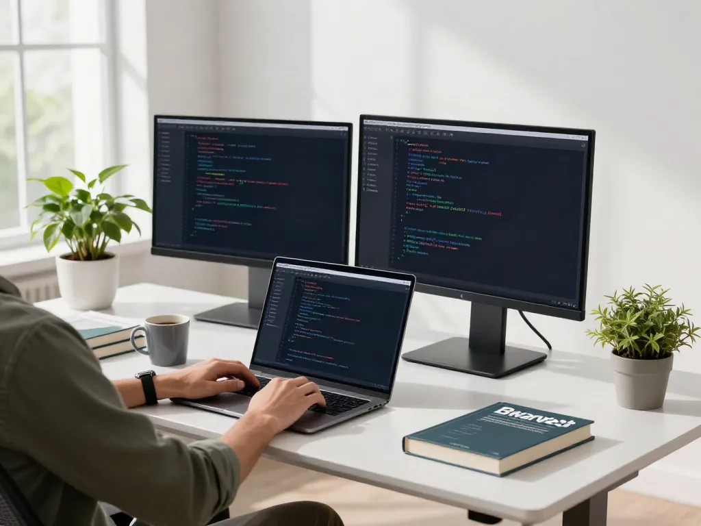 Developer coding with brave浏览器 displayed on dual monitors in a modern workspace.