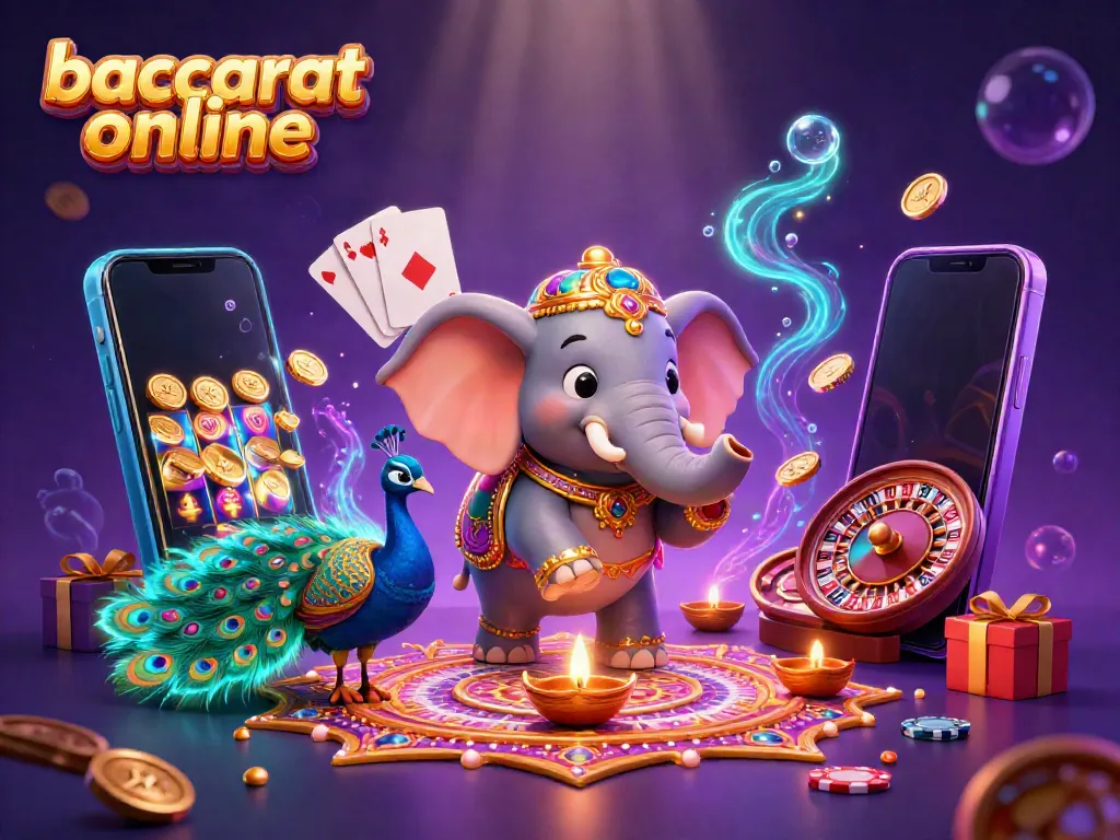 Experience baccarat online with a vibrant casino-themed illustration showcasing lively characters and gaming elements.