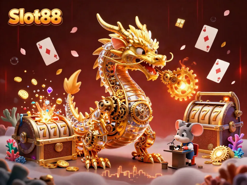 Experience the thrilling world of Slot88 with a golden dragon and dynamic gamescape full of treasures.